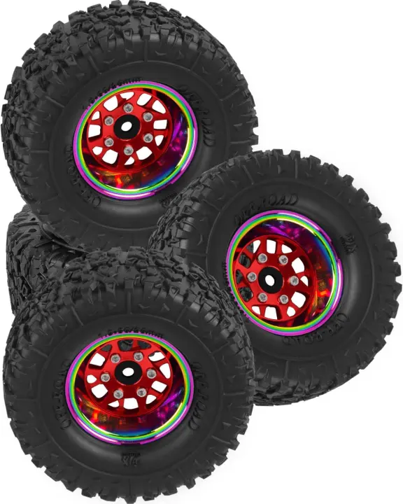 1.3-Inch Aluminum Beadlock Wheels & Tires for 1/18 TRX4M & 1/24 SCX24 RC Crawlers (Red, 4p
