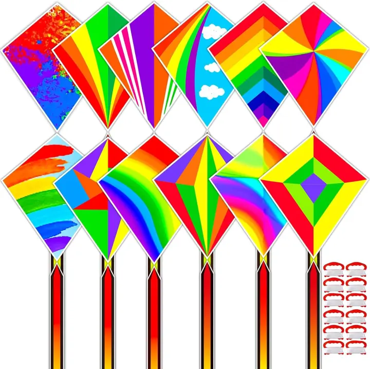 12-Pack Rainbow Diamond Kites for Kids and Beginners