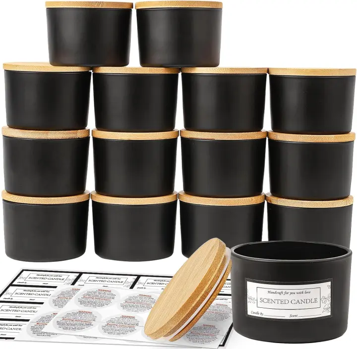 15-Pack 4 oz Matte Black Glass Candle Jars with Bamboo Airtight Lids
