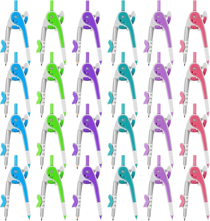 24-Pack 6-inch Geometry Compasses with Detachable Pencils — Bright Colors