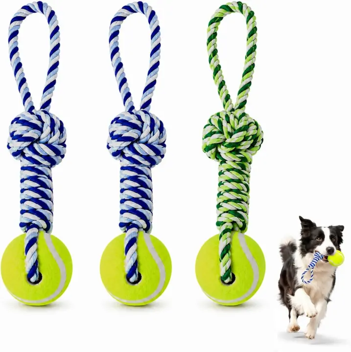 3-Pack Dog Rope Toys with Knot and Tennis Ball — Tug & Fetch Set