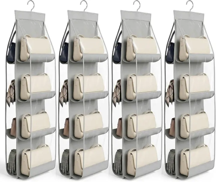 4-Pack Hanging Purse Organizer with 8 Clear PVC Pockets — Foldable