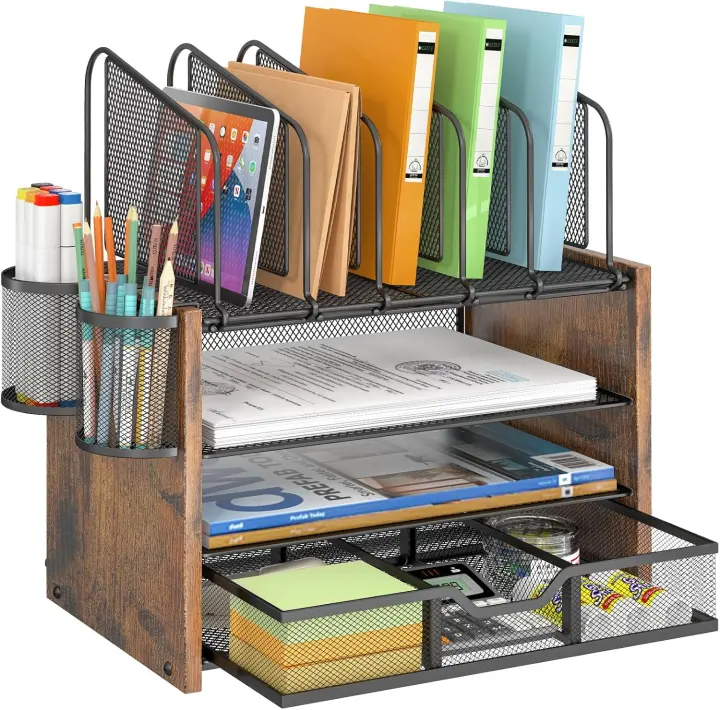 4-Tier Mesh & Wood Desk Organizer with Drawer and Pen Holders
