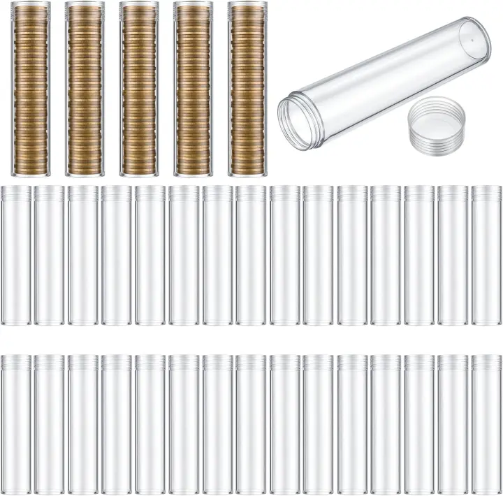 40-Pack Clear Penny Coin Tubes with Screw Caps — Plastic Coin Holders