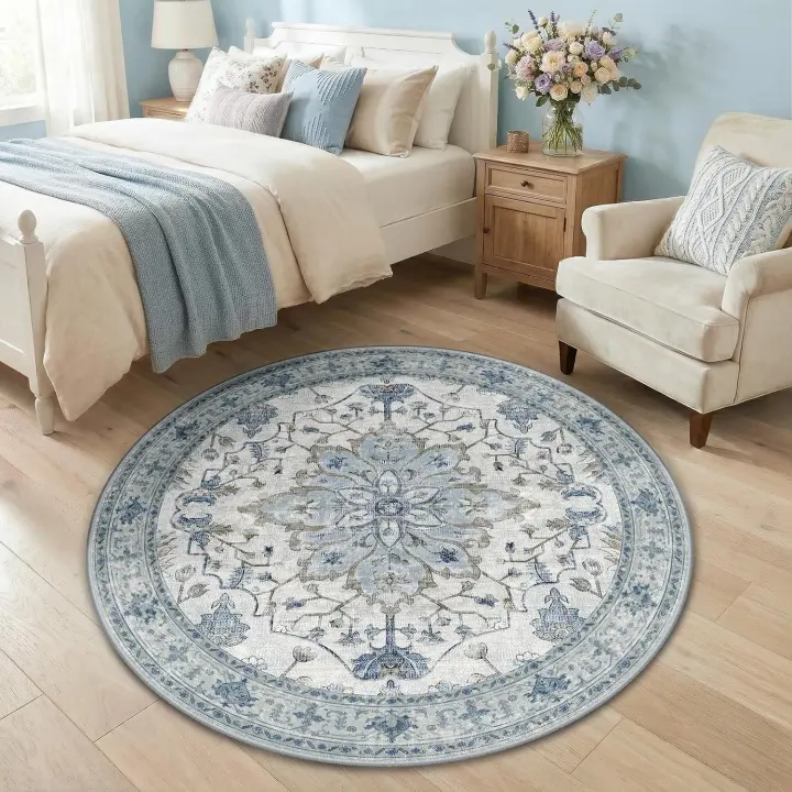 4ft Round Washable Area Rug — Blue / White / Gray