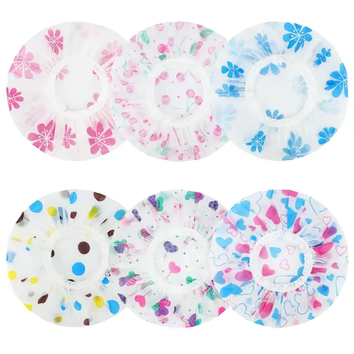 6-Pack Reusable Waterproof Shower Caps with Elastic — Plastic Bath Hair Caps