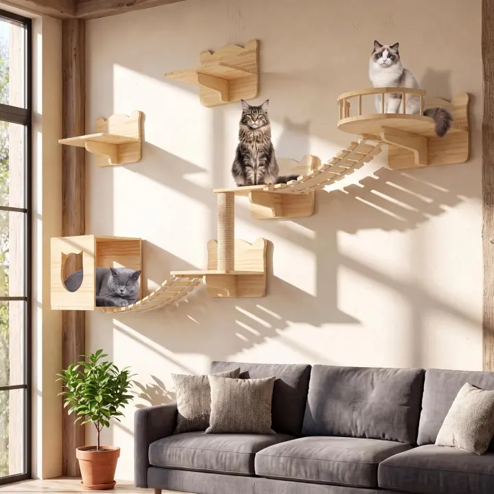 9-Piece Wooden Cat Wall Shelf Set — Burlywood Wall Furniture