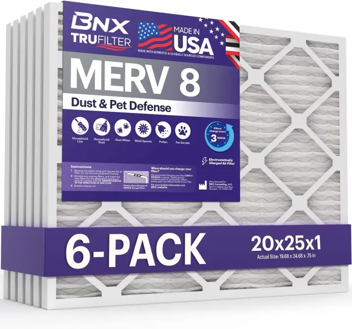 BNX TruFilter 20x25x1 MERV 8 HVAC/Furnace Air Filters — 6-Pack