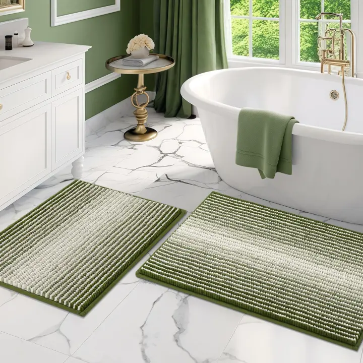 Chenille Bathroom Rug Set — 2-Piece Non-Slip Striped (Sage)