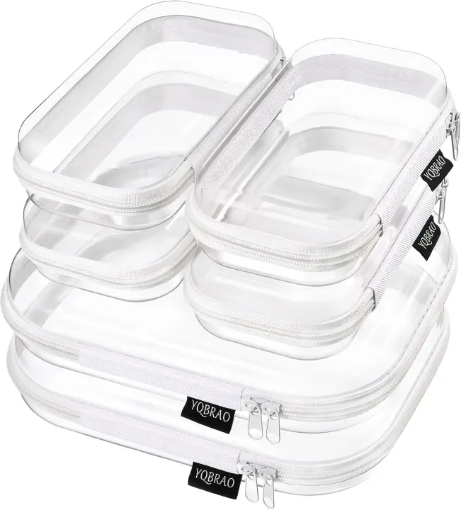 Clear Hard-Shell Travel Organizers — 6-Pack (2 Medium, 4 Small), White
