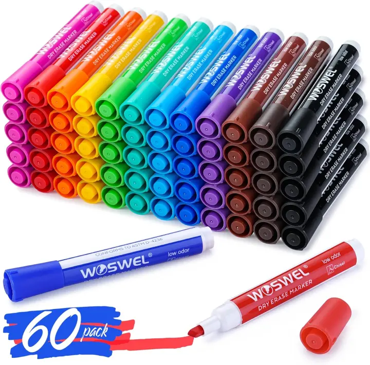 Dry Erase Markers, 60-Pack — 12 Assorted Colors, Chisel Tip, Low‑Odor