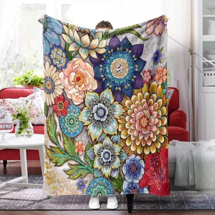 Floral Fleece Throw Blanket — Boho Flower Design, Cozy 40×50 Throw