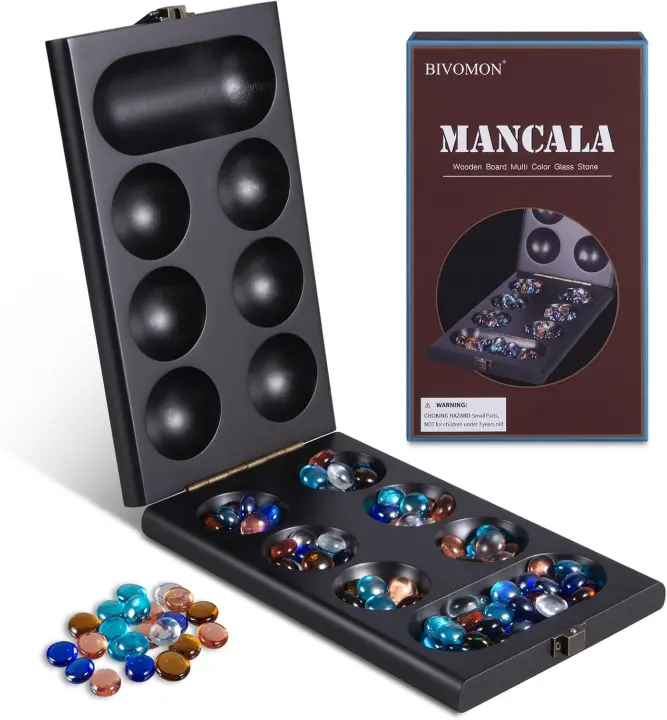 Foldable Wooden Mancala Board Game Set with 72+8 Glass Stones