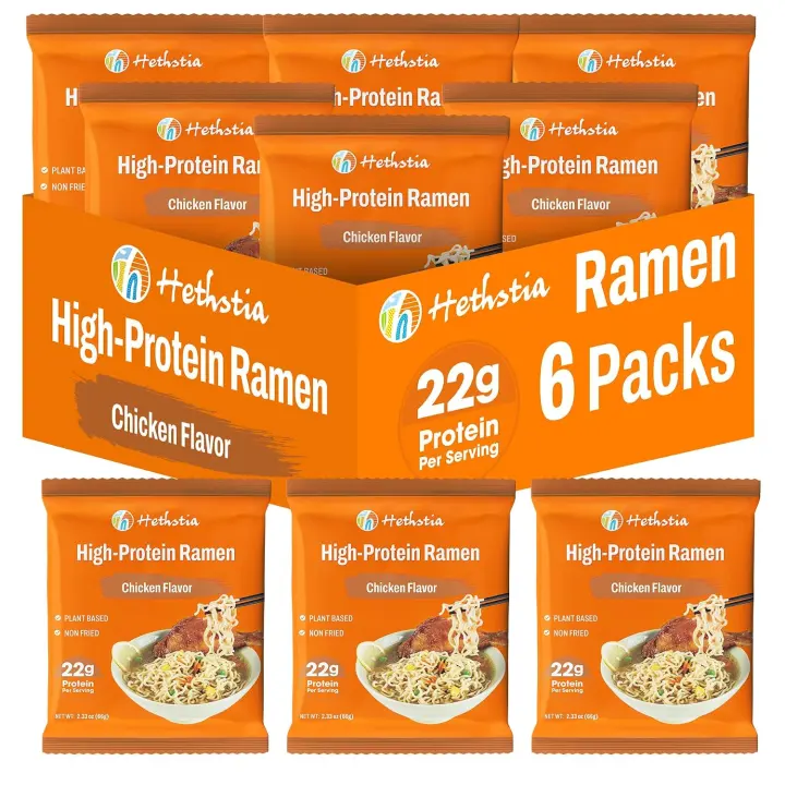 Hethstia High-Protein Ramen (22g) — 6-Pack Chicken-Style, Plant-Based Noodles