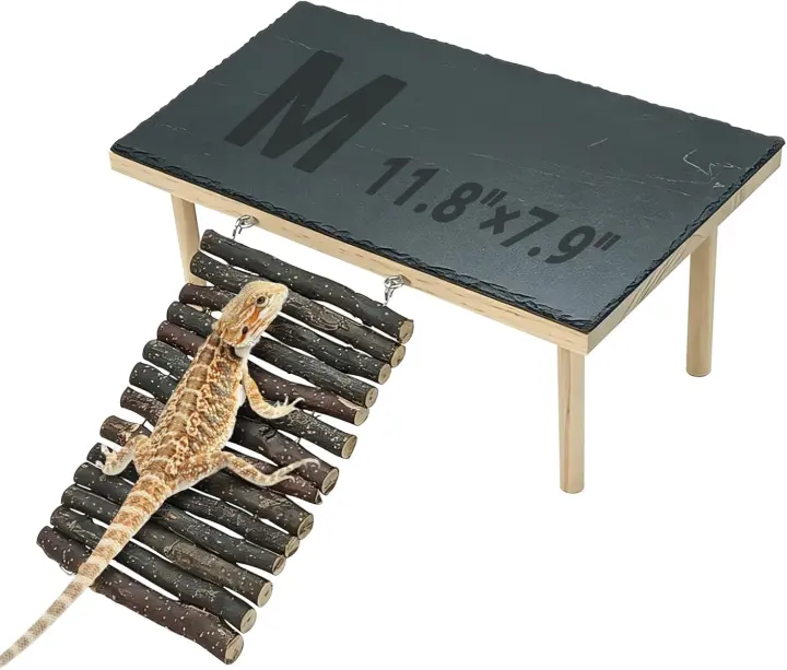 Large Wooden Reptile Basking Platform with Ramp and Rock Hideout