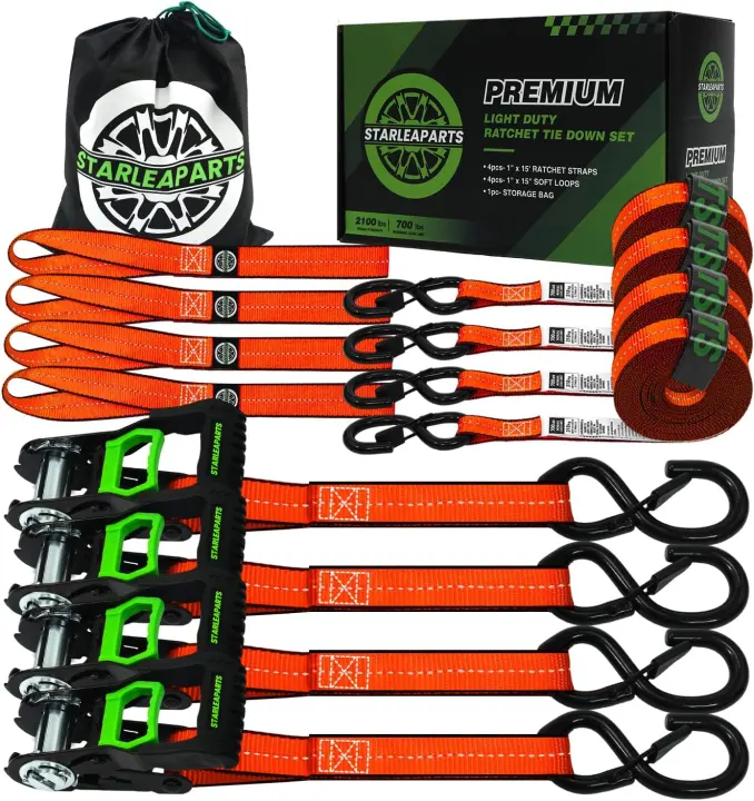 Motorcycle Tie-Down Straps 4-Pack (1" x 15', 2,100 lb Break Strength)