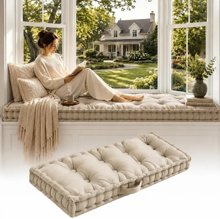 Non-Slip Bench Cushion — Velvet Tufted Bay Window & Seat Pad