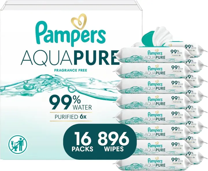 Pampers Aqua Pure Unscented Baby Wipes — 896 Count (16 Flip Packs)