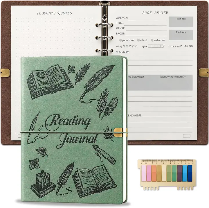 PU Leather A5 Reading Journal — Refillable 6-Ring Book Tracker (Sage Green)