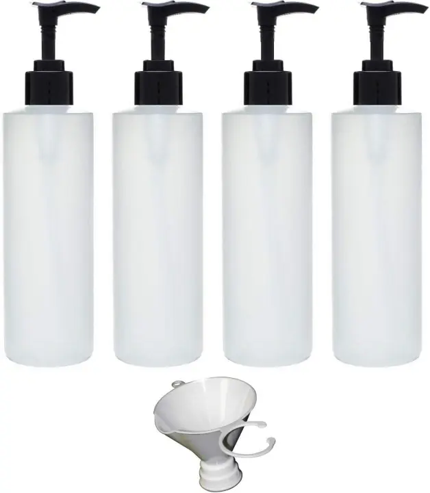 Refillable 8 oz Pump Bottle 4-Pack with Screw-On Filling Funnel