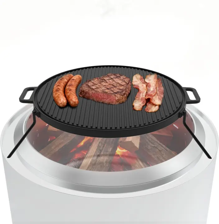 Reversible Cast Iron Fire Pit Griddle — 17.6" Round Grill Pan