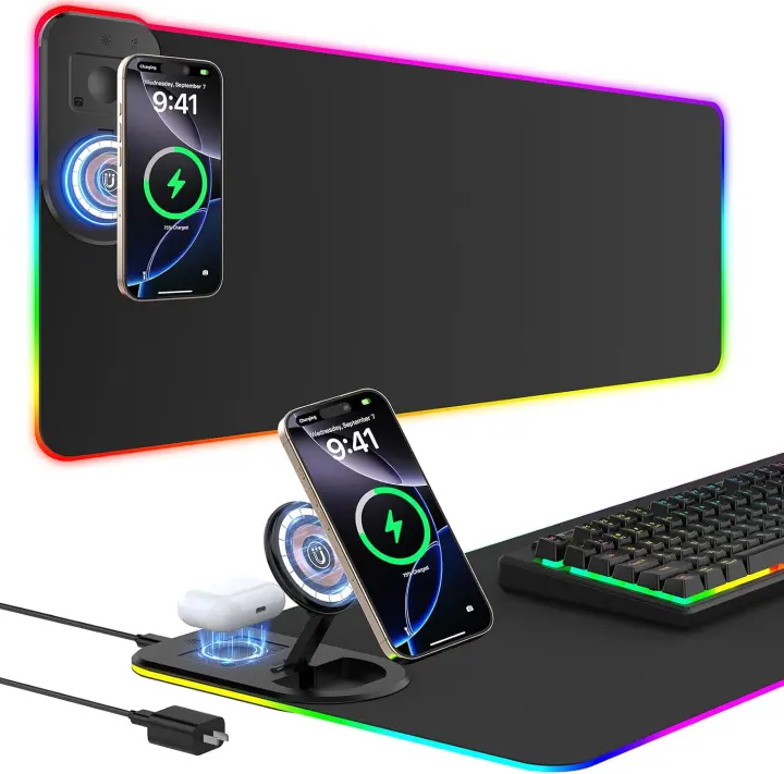 RGB Wireless Charging Gaming Desk Mat with Foldable Phone Stand