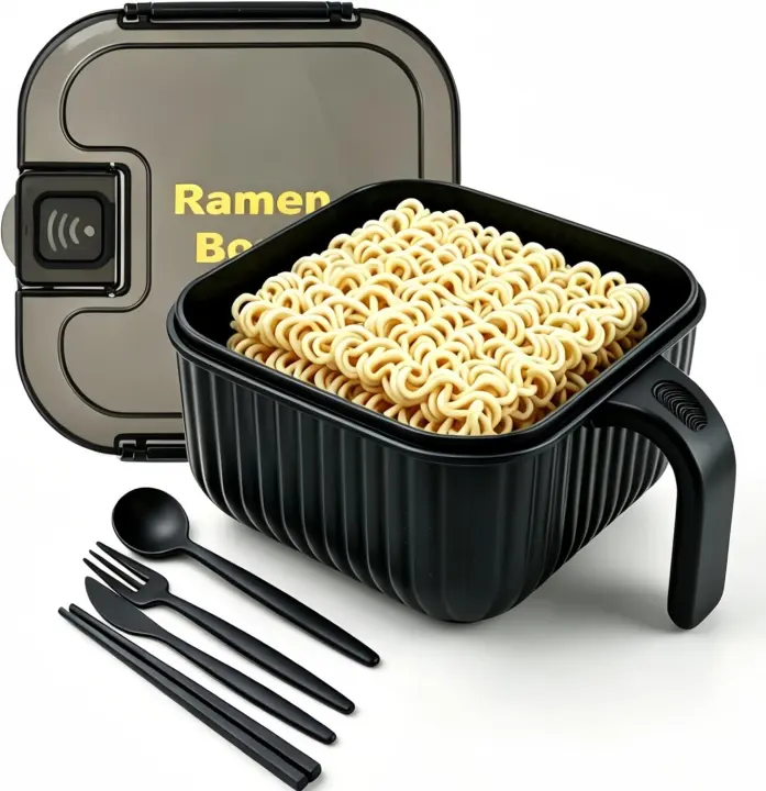 Square Ramen Microwave Bowl Set — 45 oz Noodle Cooker with Utensils