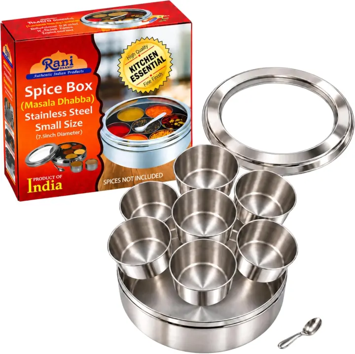Stainless Steel Round Spice Box — 7 Compartments (7.5 x 2.8 in)