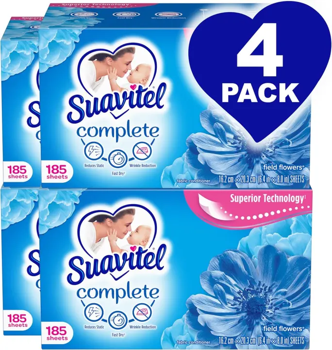 Suavitel Complete Fabric Softener Field Flowers Dryer Sheets — 4 Pack (185 ct)