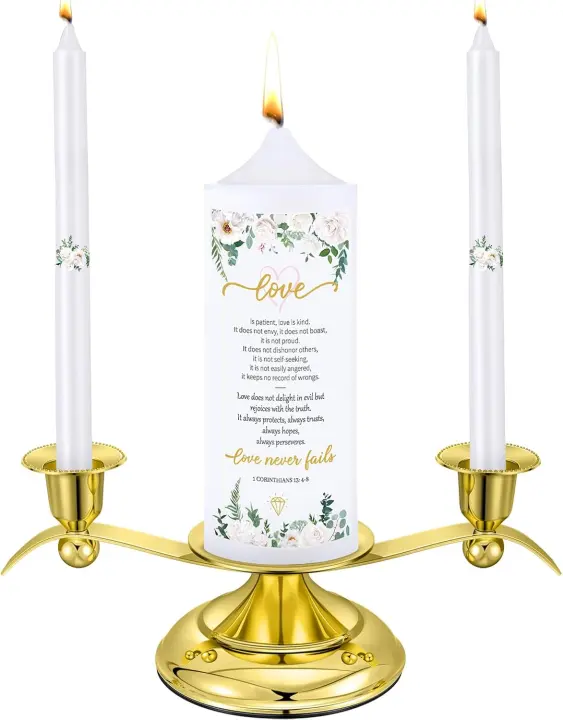 Three-Piece Unity Candle Set with Gold Stand for Weddings