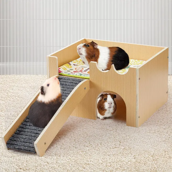 Upgraded Wooden Guinea Pig Castle with Ramp and Roof Mat