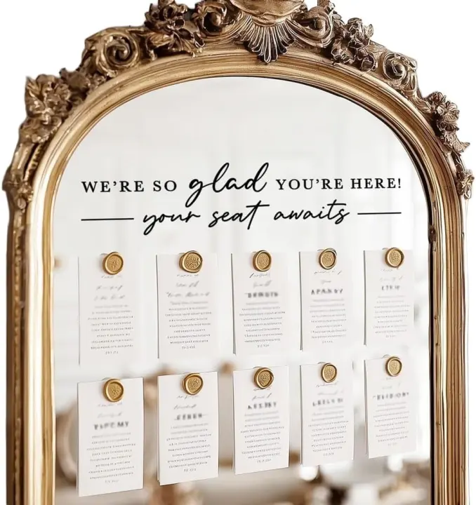 We're So Glad You're Here Vinyl Wedding Seating Decal — Mirror Sign