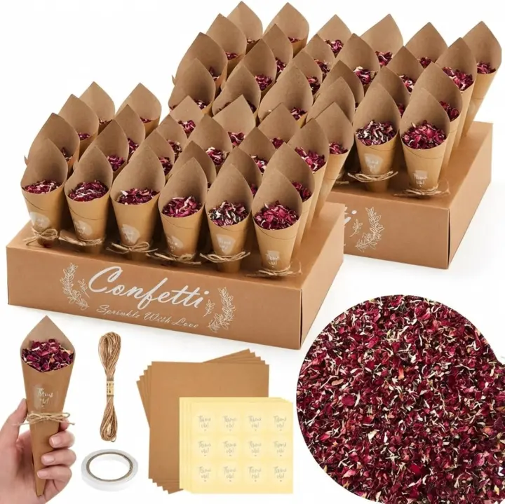 Wedding Petal Confetti Cone Kit for 48 Guests with Biodegradable Petals