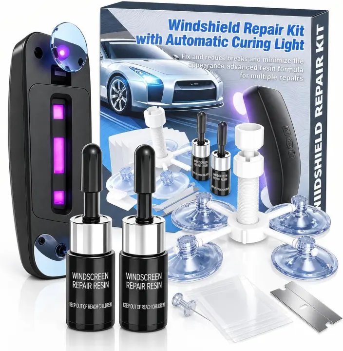 Windshield Chip Repair Kit with UV Curing Light and Vacuum Applicator