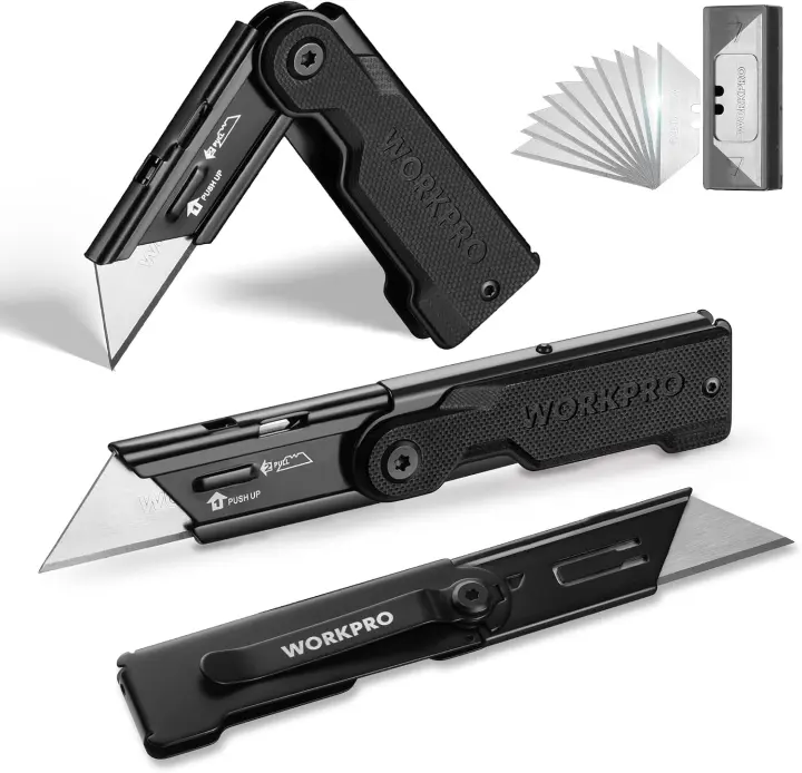 WORKPRO 3-Pack Folding Utility Knife Set — G10 Handle, Black