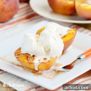 brown sugar cinnamon baked peaches on plate with ice cream