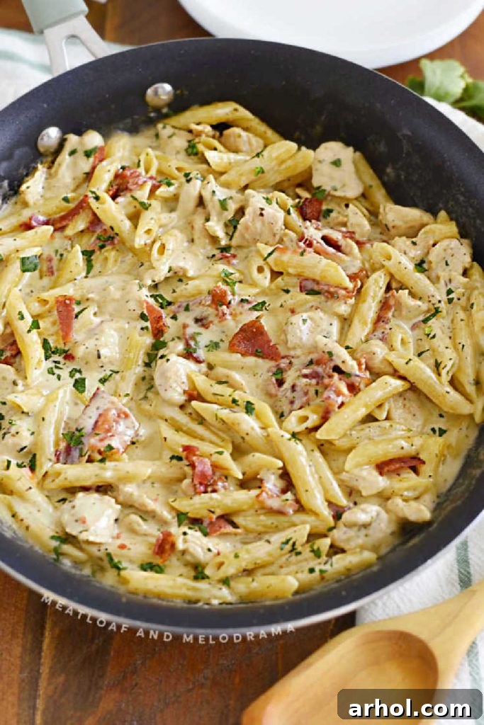 Chicken Bacon Ranch Pasta in a skillet on the table