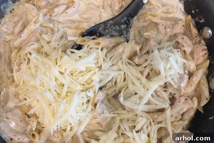 chicken with pasta, ranch and monterey jack cheese in a skillet