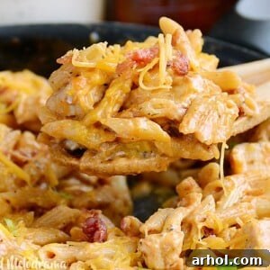 One Pot BBQ Chicken Bacon Ranch Pasta in skillet