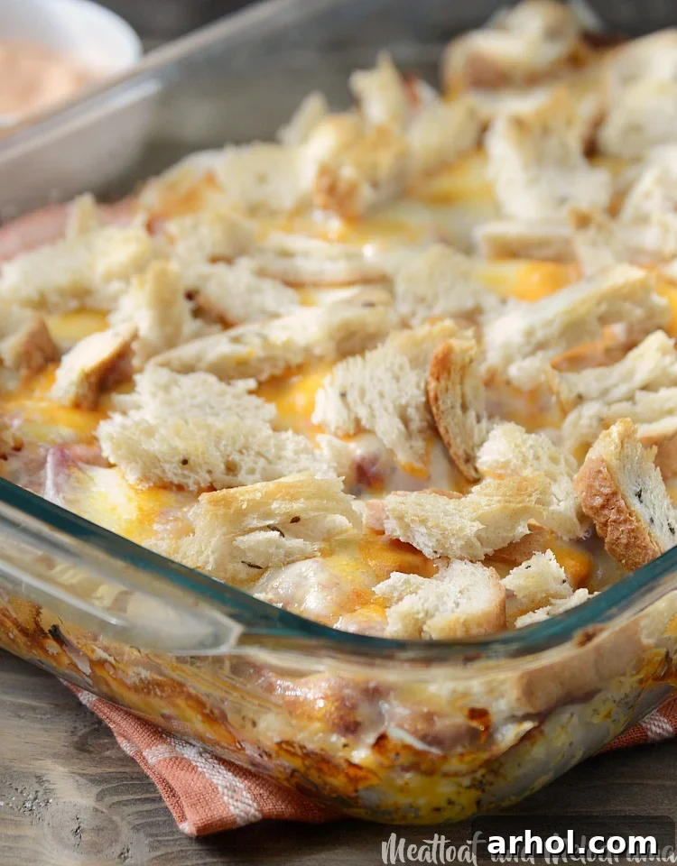 Easy baked Reuben casserole assembled in a baking dish before baking.