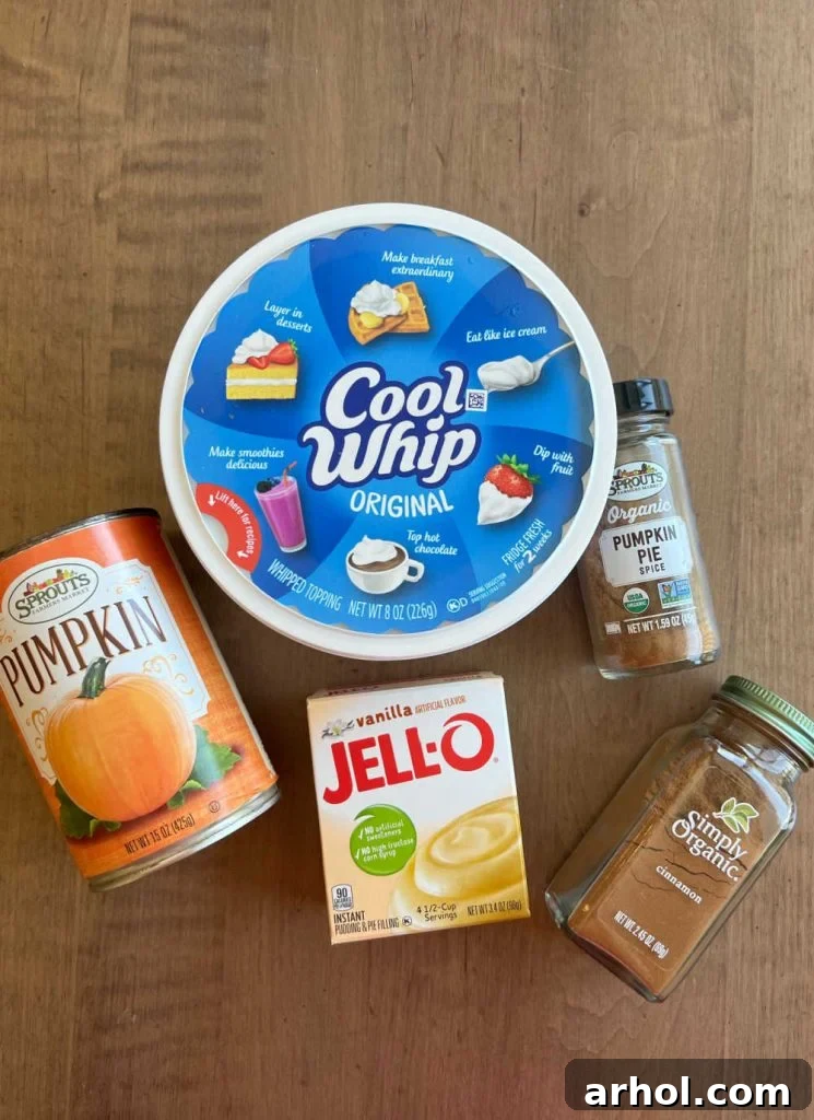 Creamy No-Bake Pumpkin Pie Dip: Your Effortless Fall Treat 3 Key ingredients for pumpkin pie dip laid out: a can of pumpkin puree, a tub of Cool Whip, instant vanilla pudding mix, ground cinnamon, and pumpkin pie spice.