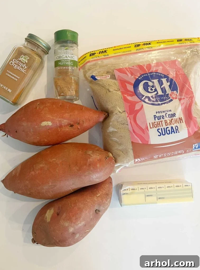 Sweet potatoes, cinnamon, brown sugar, butter, and nutmeg, the key ingredients for candied yams.