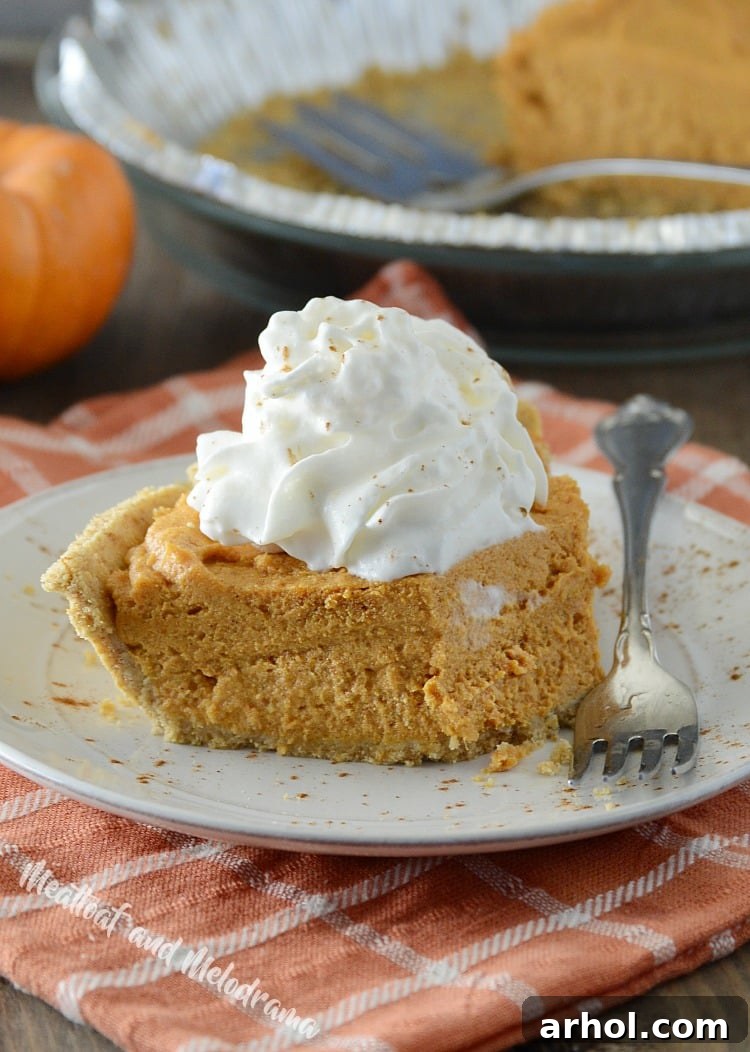 A close-up of a slice of no-bake pumpkin cheesecake pie on a plate with a fork, showing the creamy texture and graham cracker crust.