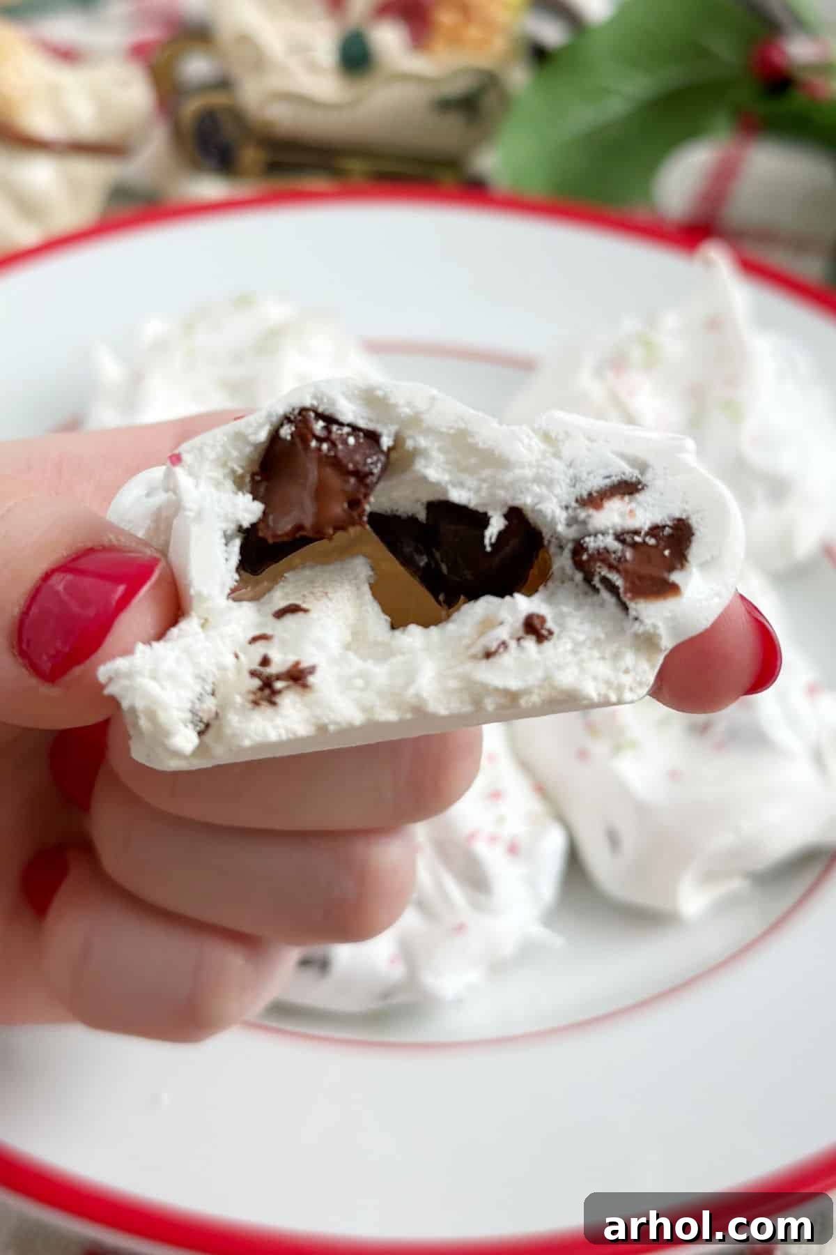 meringue cookie with chocolate chips inside.