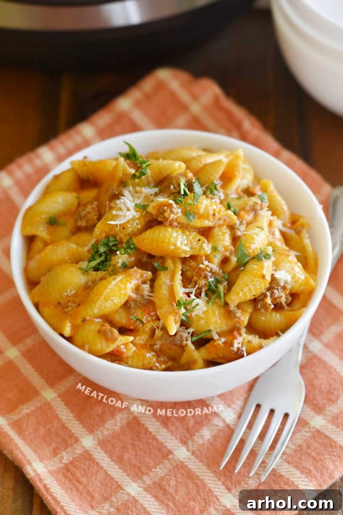 A full bowl of Instant Pot Creamy Shells and Beef, showcasing the creamy sauce and pasta texture.