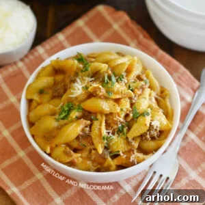 Instant Pot Creamy Shells and Beef on a white plate