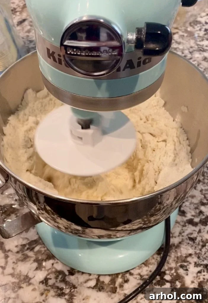 Mixing pierogi dough in a stand mixer with a dough hook