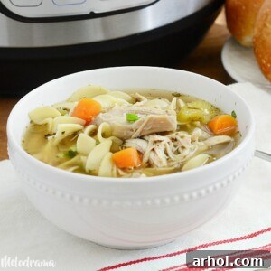 A comforting bowl of Instant Pot Chicken Noodle Soup with tender chicken, noodles, and vegetables.