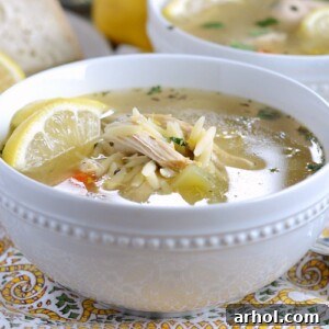 instant pot lemon chicken orzo soup in a bowl with lemon slices