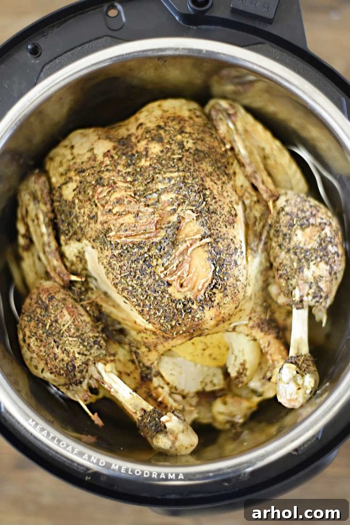 Juicy Instant Pot Whole Chicken 3 Whole chicken crisping to golden perfection inside an Instant Pot Duo Crisp with its innovative air fryer lid, demonstrating the convenience of all-in-one cooking